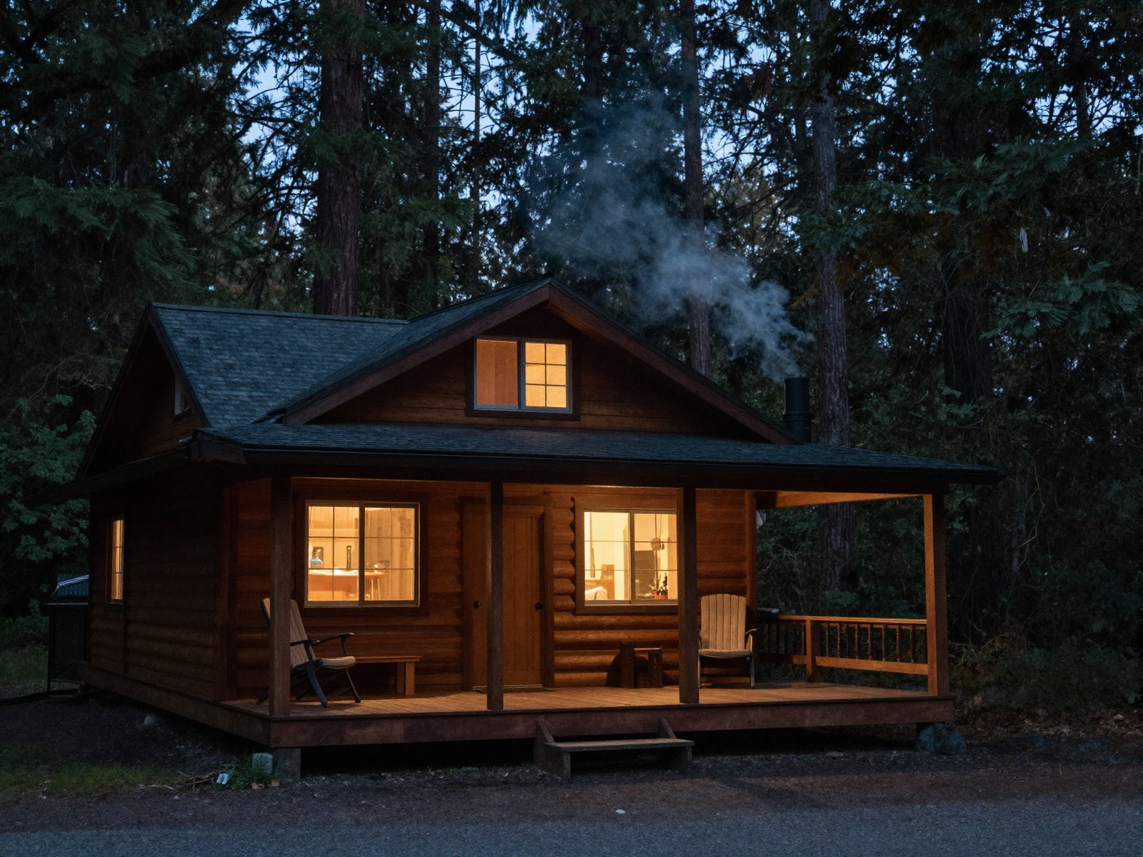 A standalone cabin with a wood stove glowing and a deep porch looking into the old growth