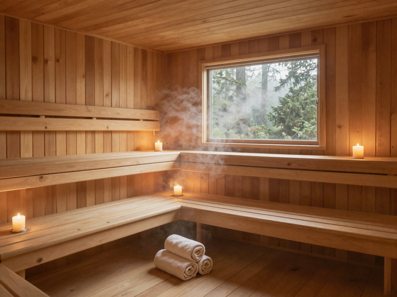 The cedar sauna interior with warm light through a slatted window facing the forest