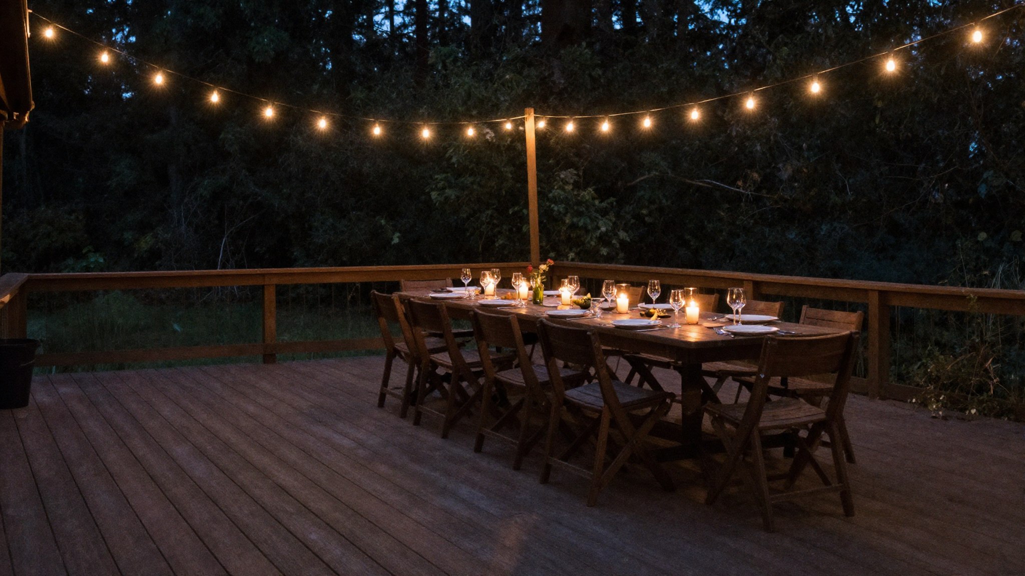 A long dinner table set with candles under string lights on the timber deck at dusk