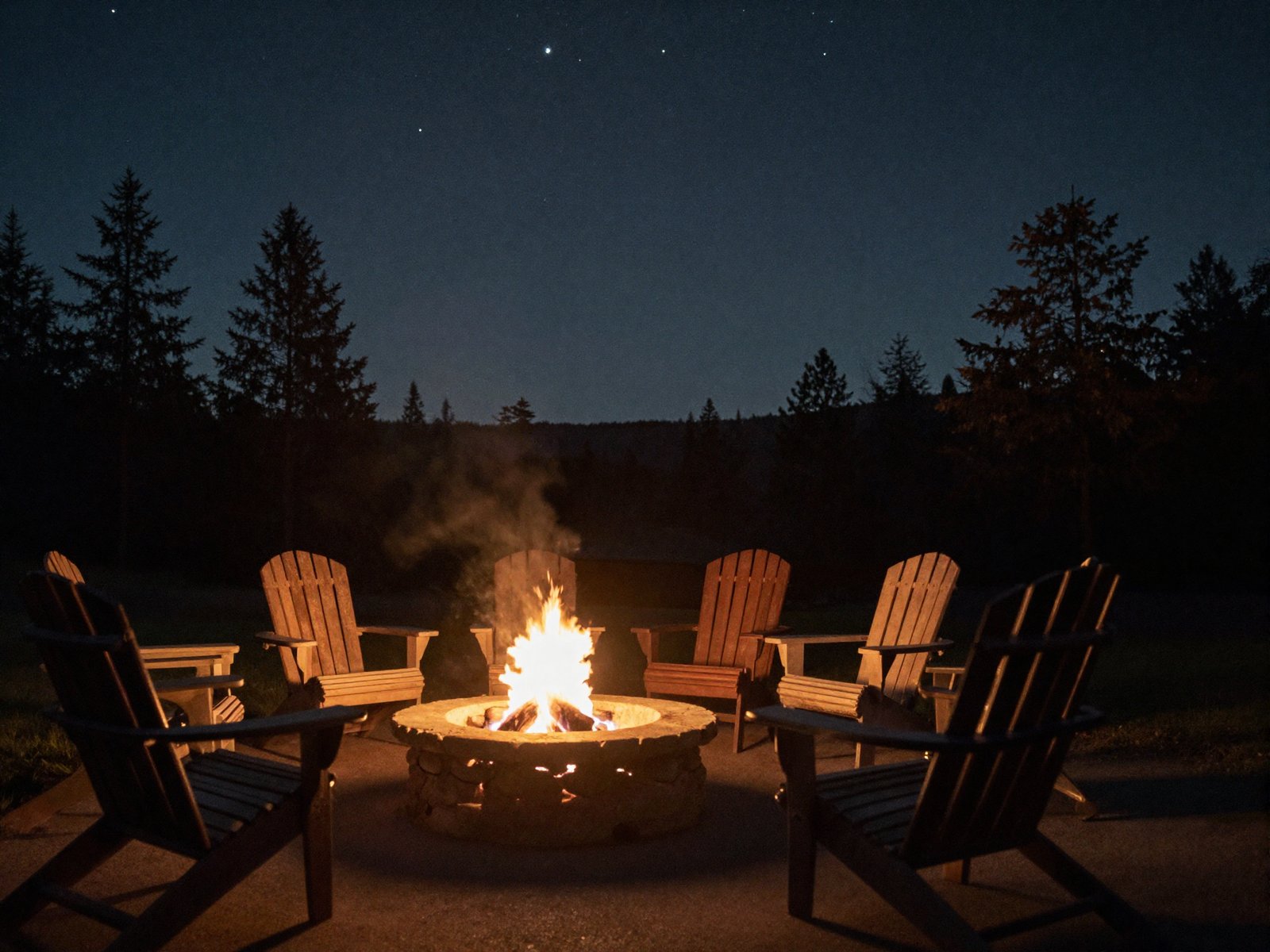 The stone firepit under a sky full of stars beside the dark firs