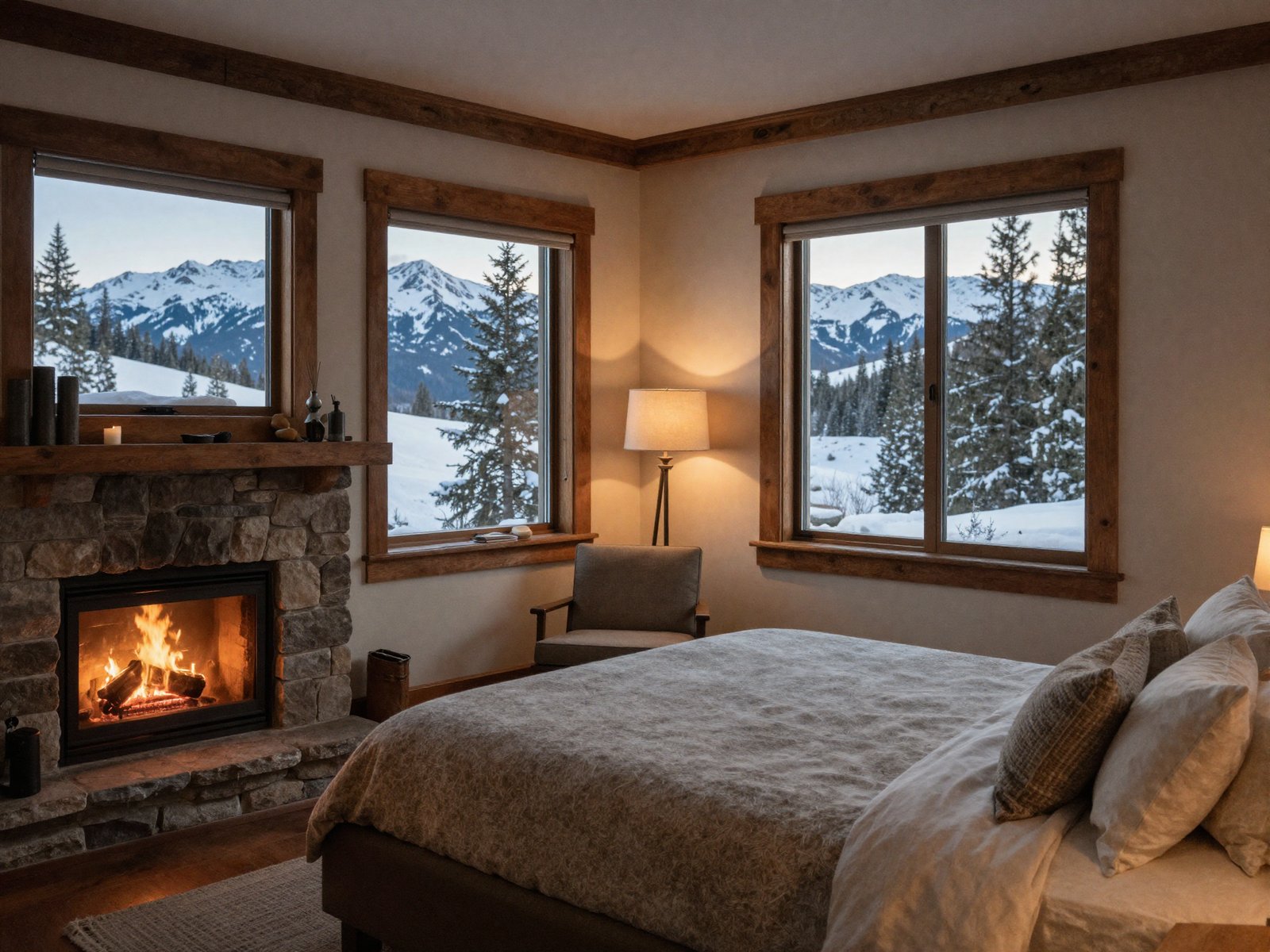 The Vance Suite, a top-floor corner room with a stone fireplace, a private deck, and Mount Hood framed in the glass