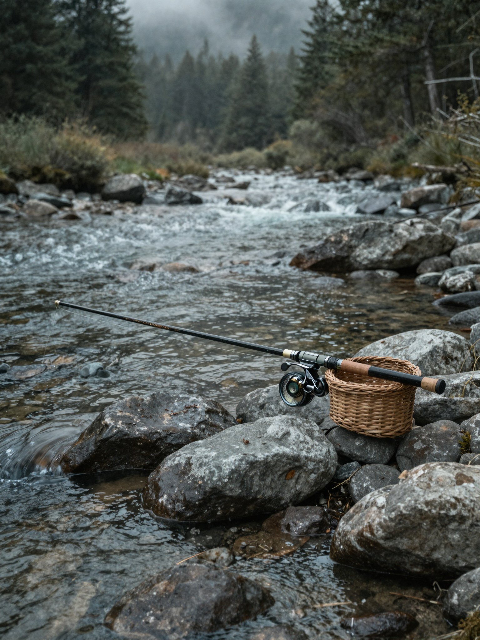 A fly fisher in waders working a riffle on the Salmon River at first light