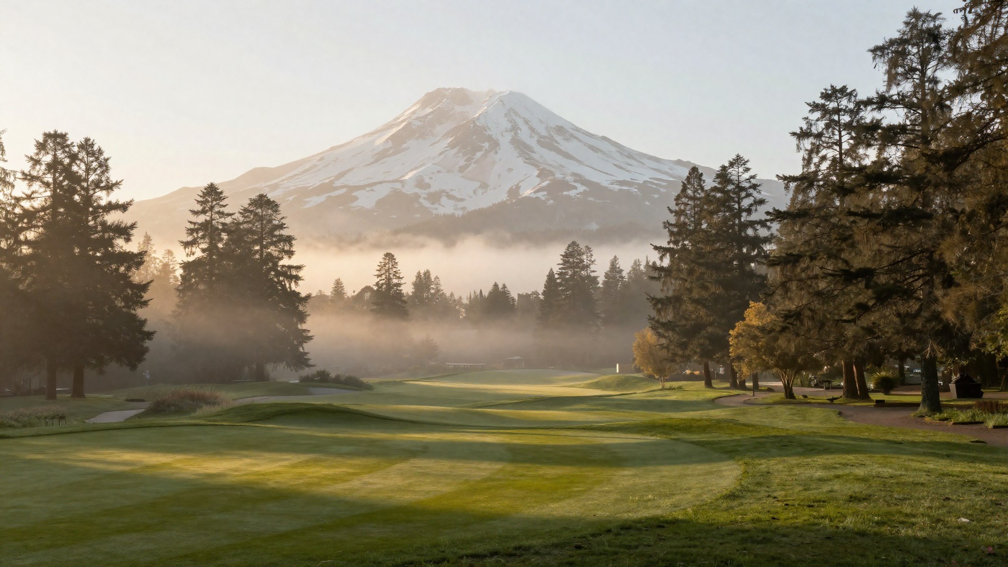 Mist lifting off a fairway lined with old-growth firs at The Cascara