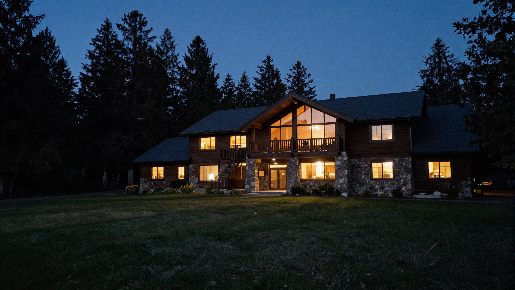 The lodge glowing warm at blue hour across the lawn