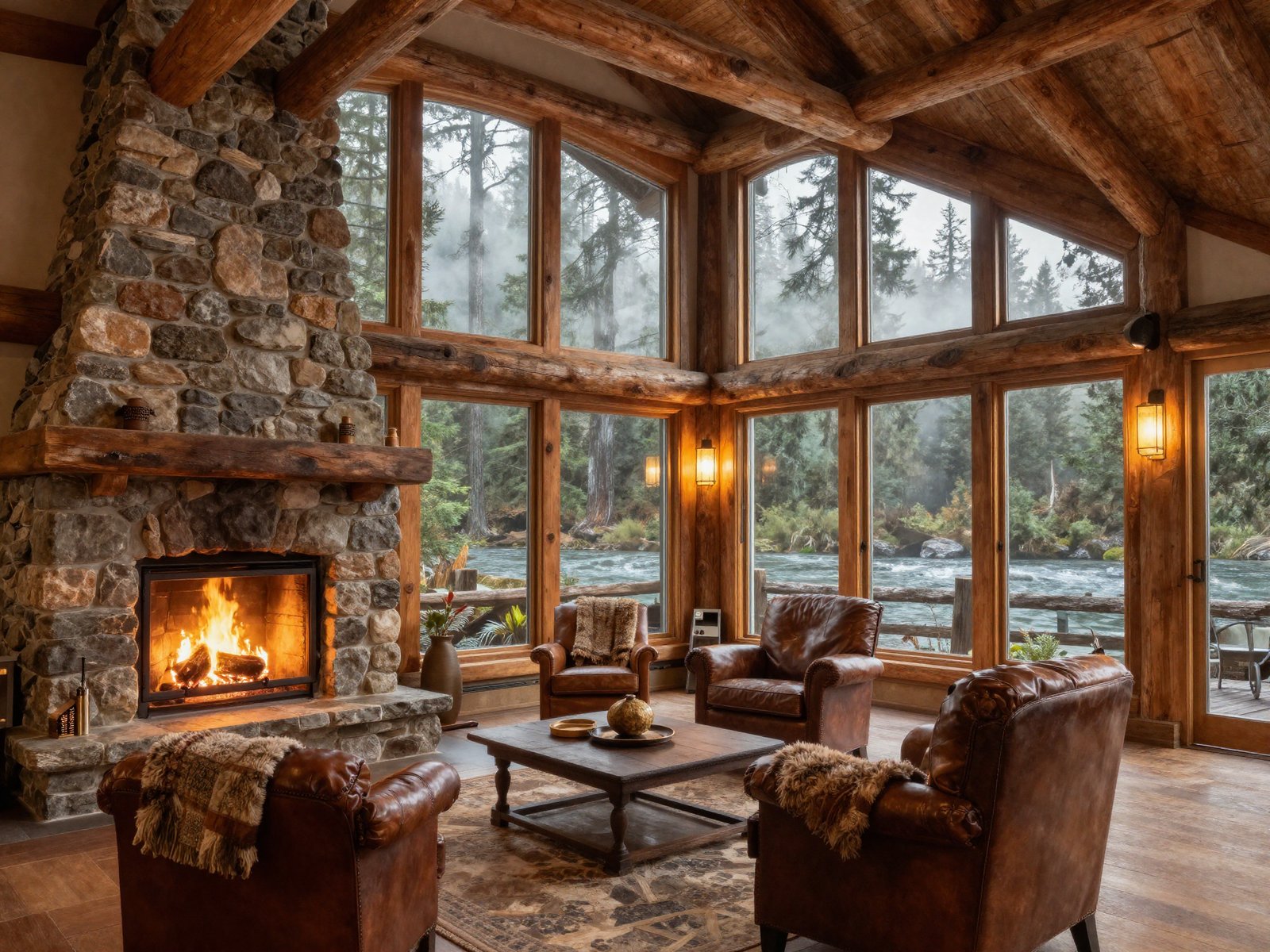 The timber-and-stone great room at the Cascara lodge