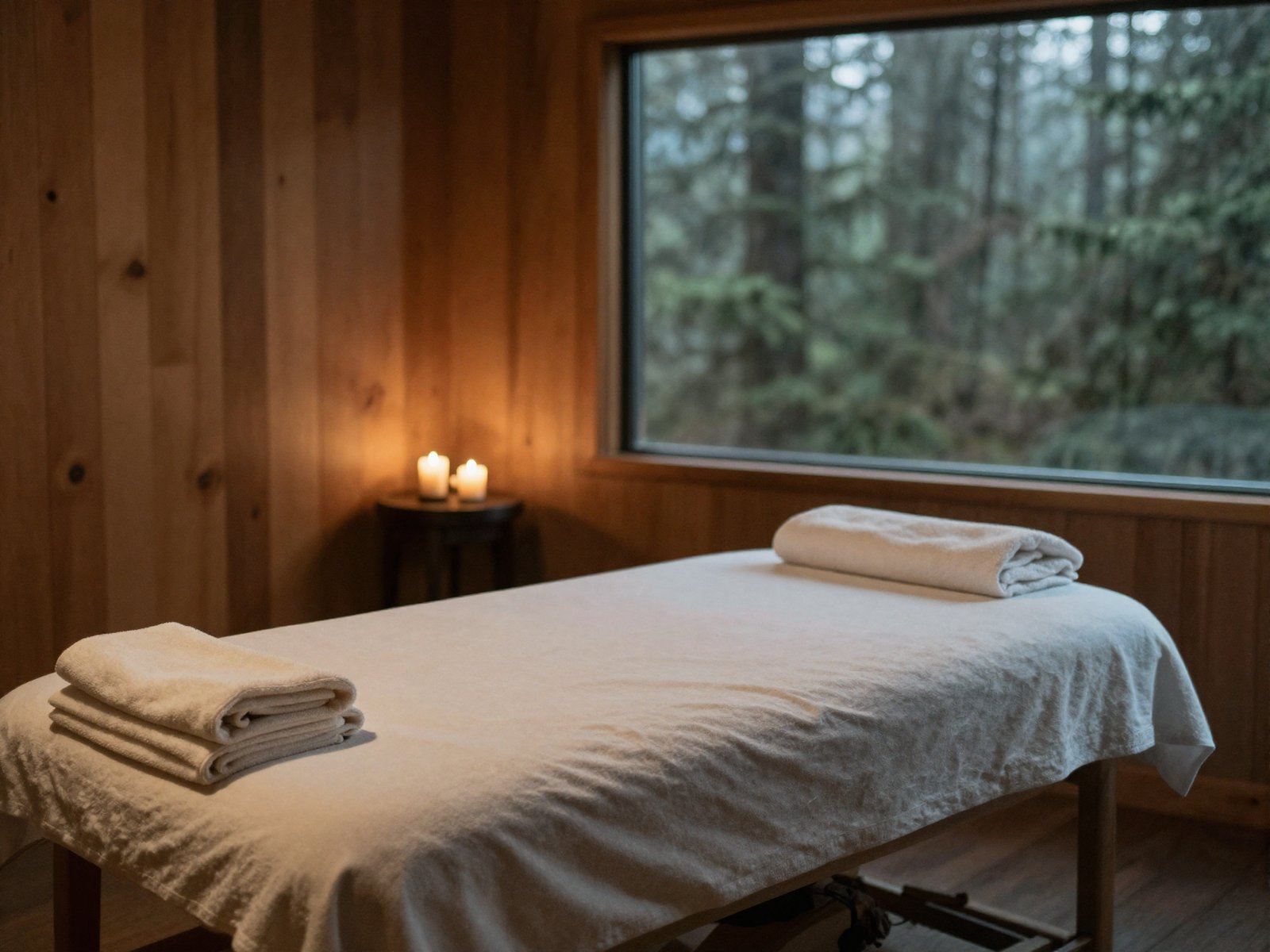 A massage treatment room with a made table, folded towels, and one window onto the misty firs