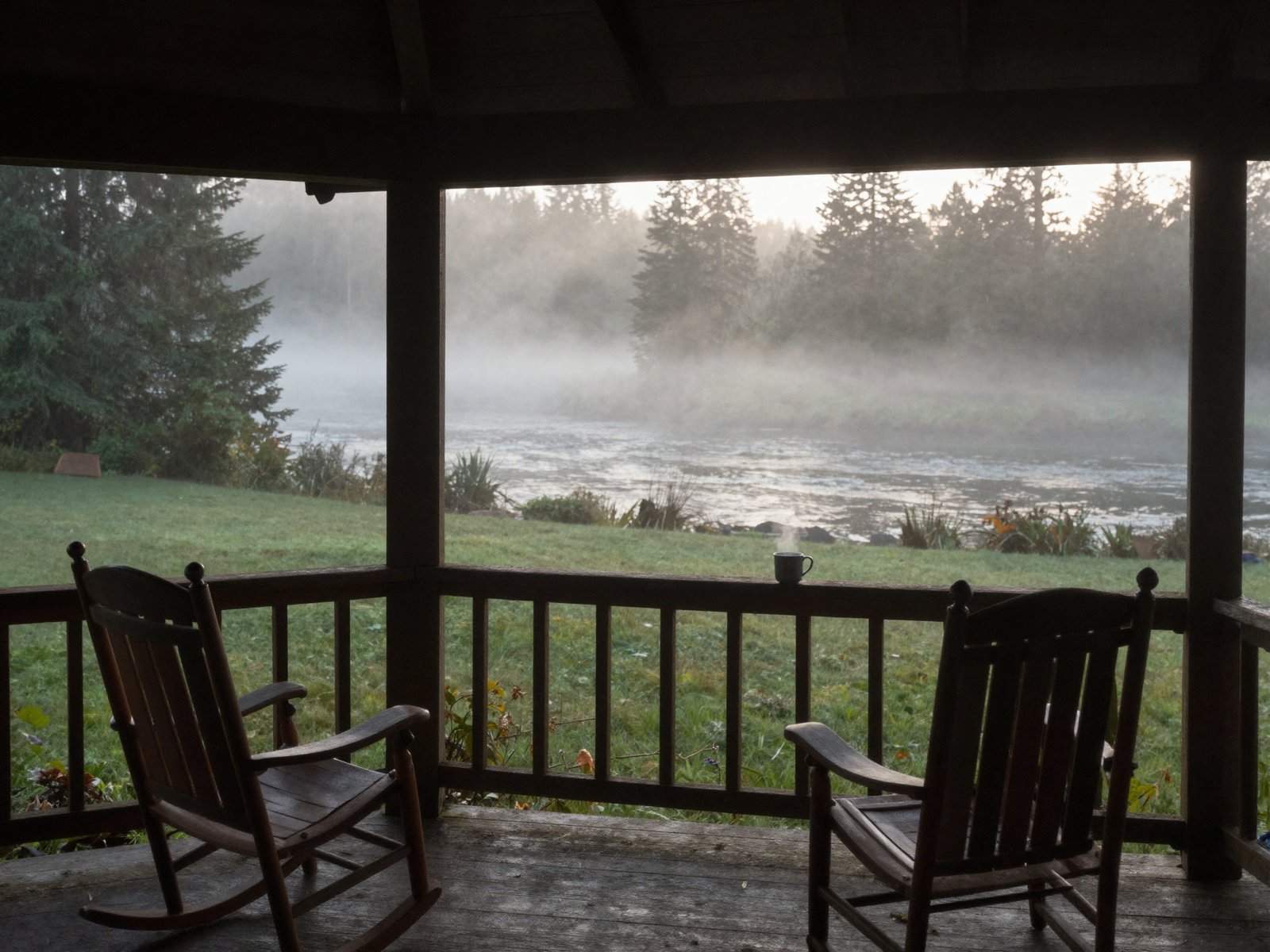 A deep lodge porch with a steaming mug on the rail and mist rising off the river