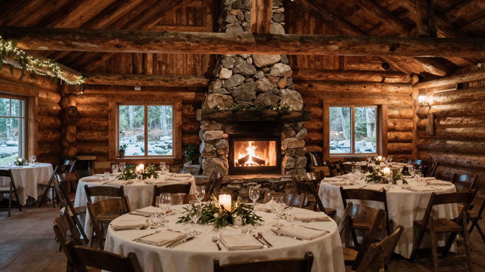 The great room set for a wedding reception under string lights
