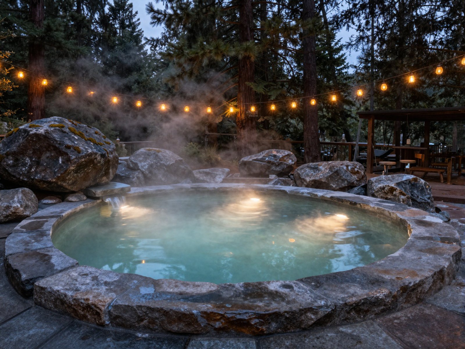 Steam rising off a warm mineral soaking pool ringed by mossy stone and tall firs