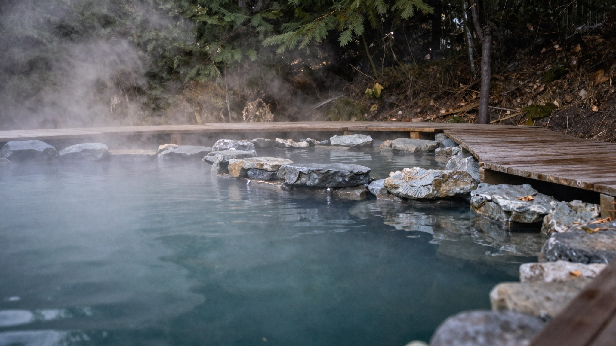 Steam rising off the soaking pool at dawn with misty firs beyond