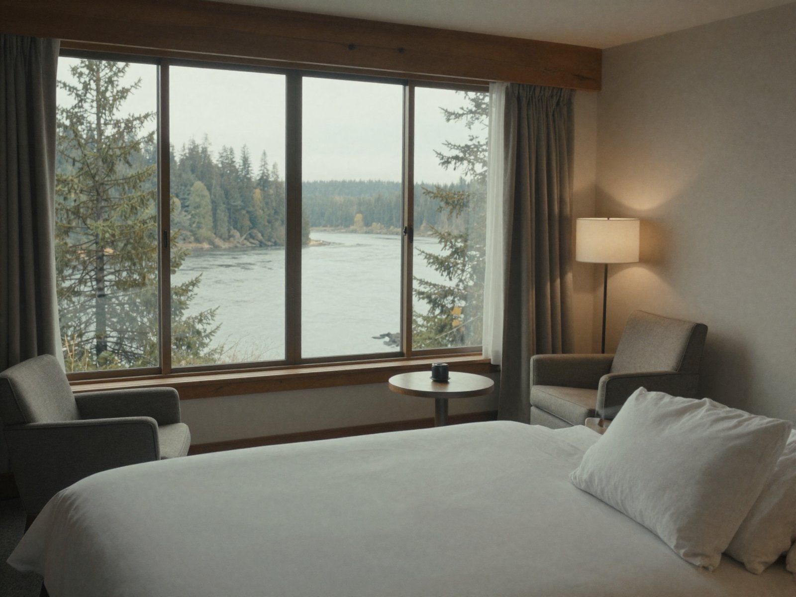 A river-view suite with a made bed, wool throw, and a balcony door open to the firs