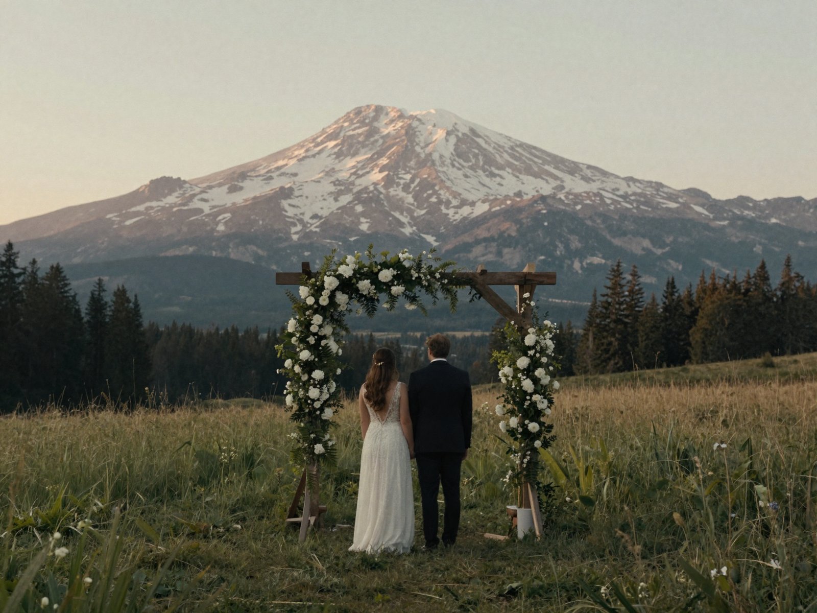 A couple at the flower-dressed arch in the meadow, Mount Hood on the skyline
