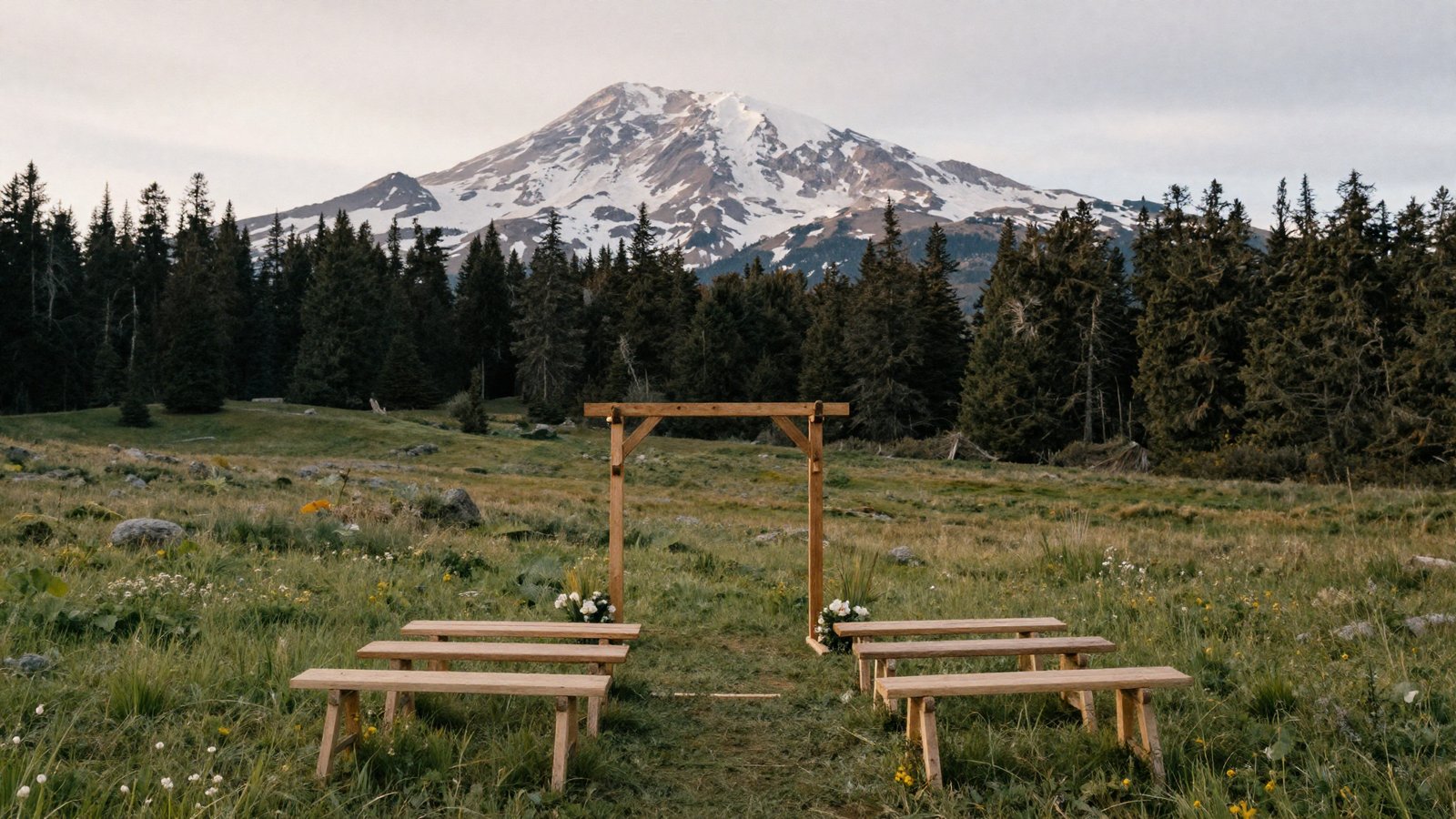 A meadow wedding ceremony set with white chairs and Mount Hood standing behind the aisle
